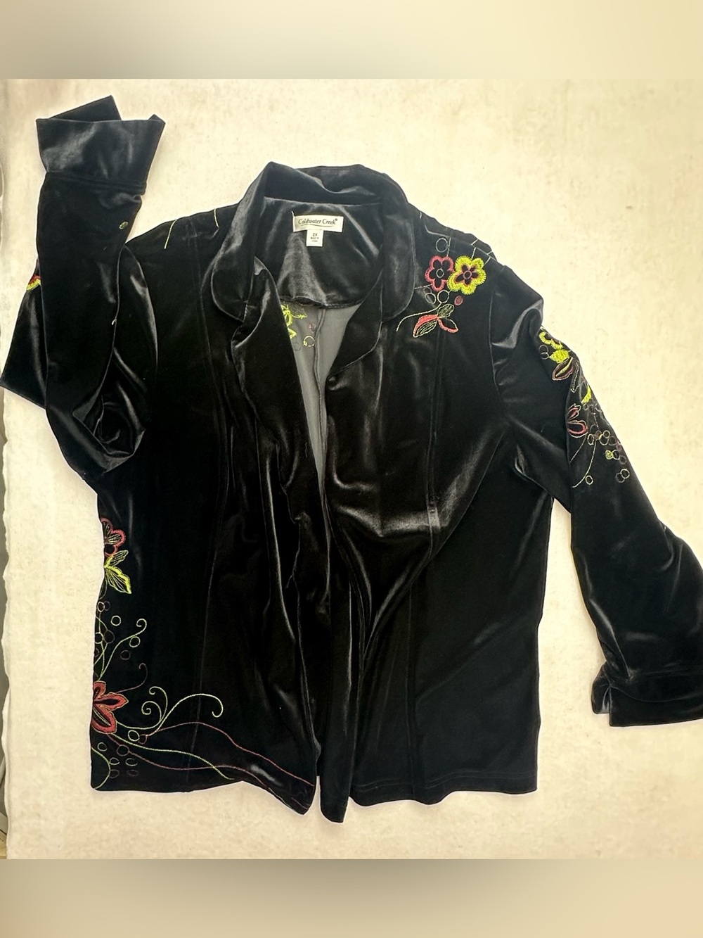 Coldwater Creek Black Velvet Embroidered Floral Jacket Open Front 2X Whimsigoth